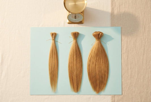 Trois mèches d'extensions blondes de volumes différents à côté d'une balance