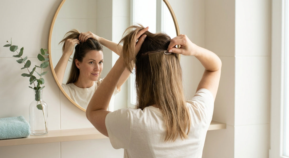 Femme posant une extension à clips seamless devant son miroir