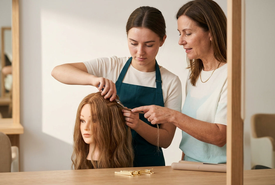 Formatrice guidant une coiffeuse pendant une pose d'extensions sur tête d'étude