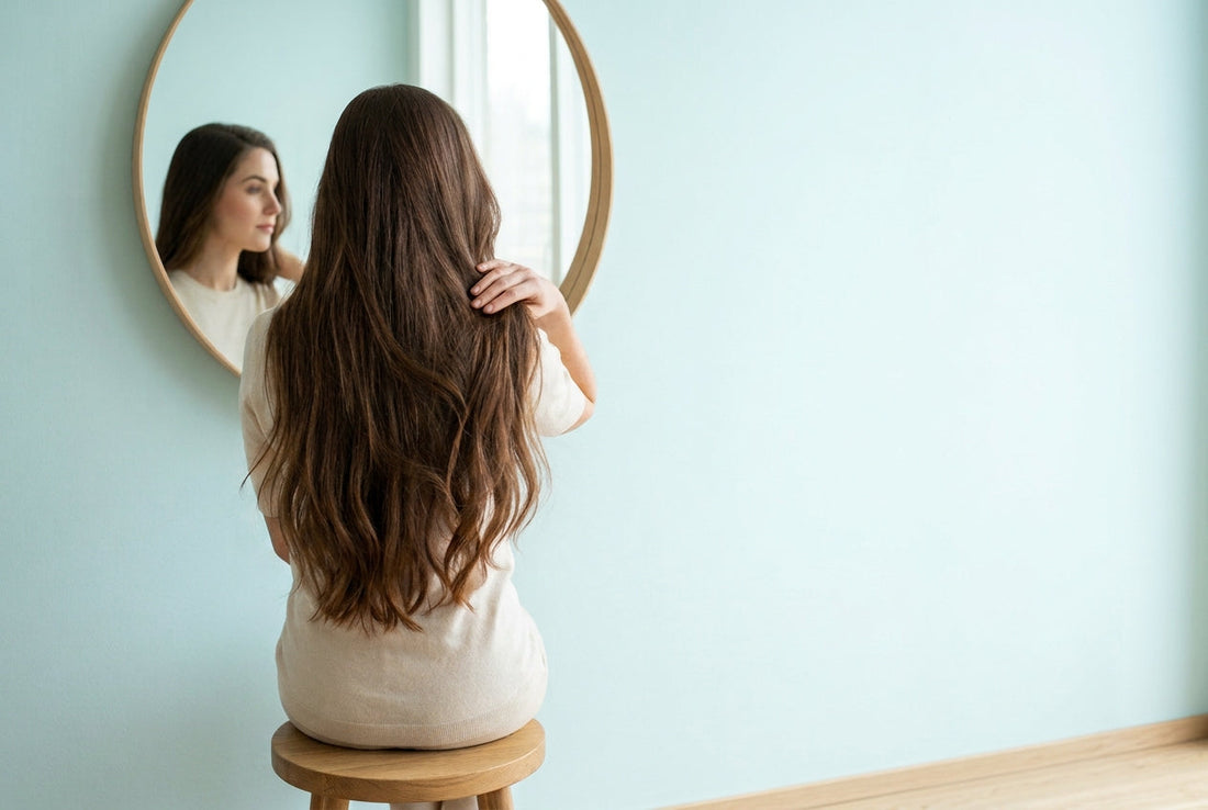 Femme aux longs cheveux châtains devant un miroir